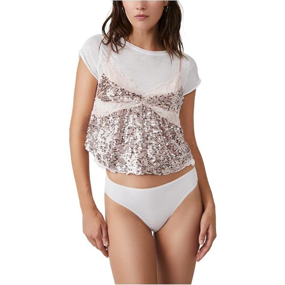 FREE PEOPLE Tank | FP Right Rhythm Sequin Cami / Champagne Pink Lace NWT - Picture 4 of 10